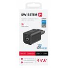 Swissten síťový adaptér Gan 1x USB-C 45W PD + 1x USB-A 18W QC černý