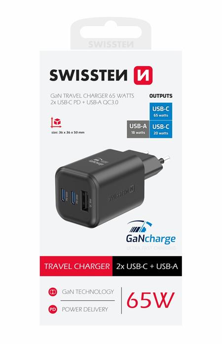 Swissten síťový adaptér gan 2x USB-C 65W PD + 1x USB-A 18W QC černý