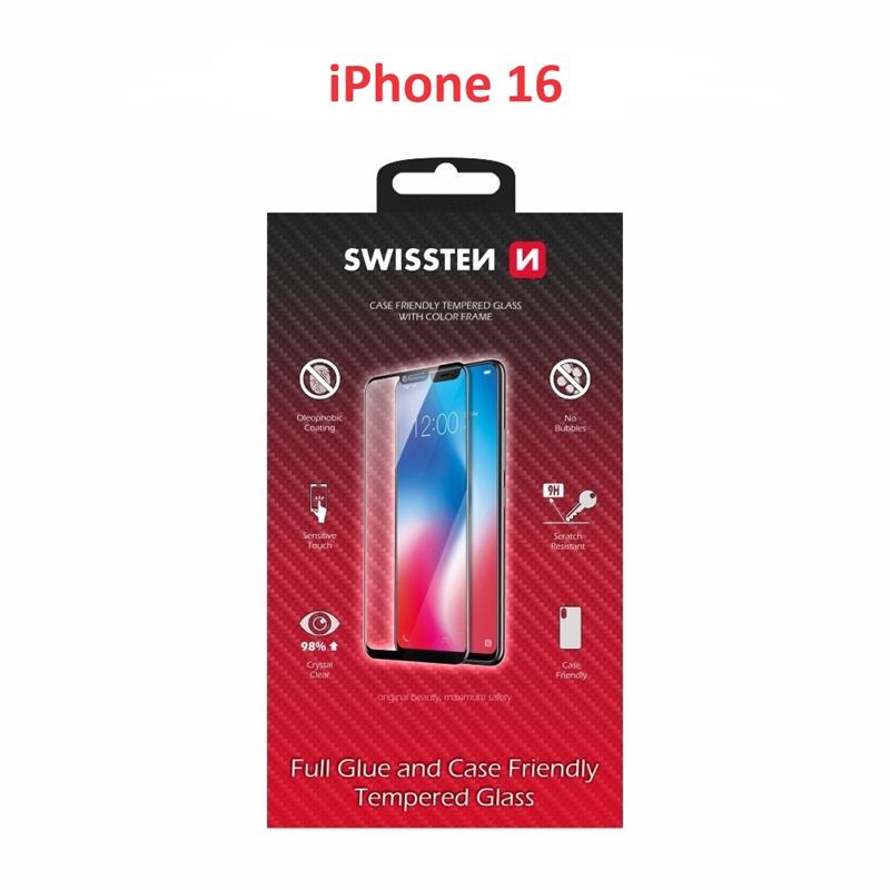 Swissten sklo full glue, color frame, case friendly pro Apple iPhone 16 černé