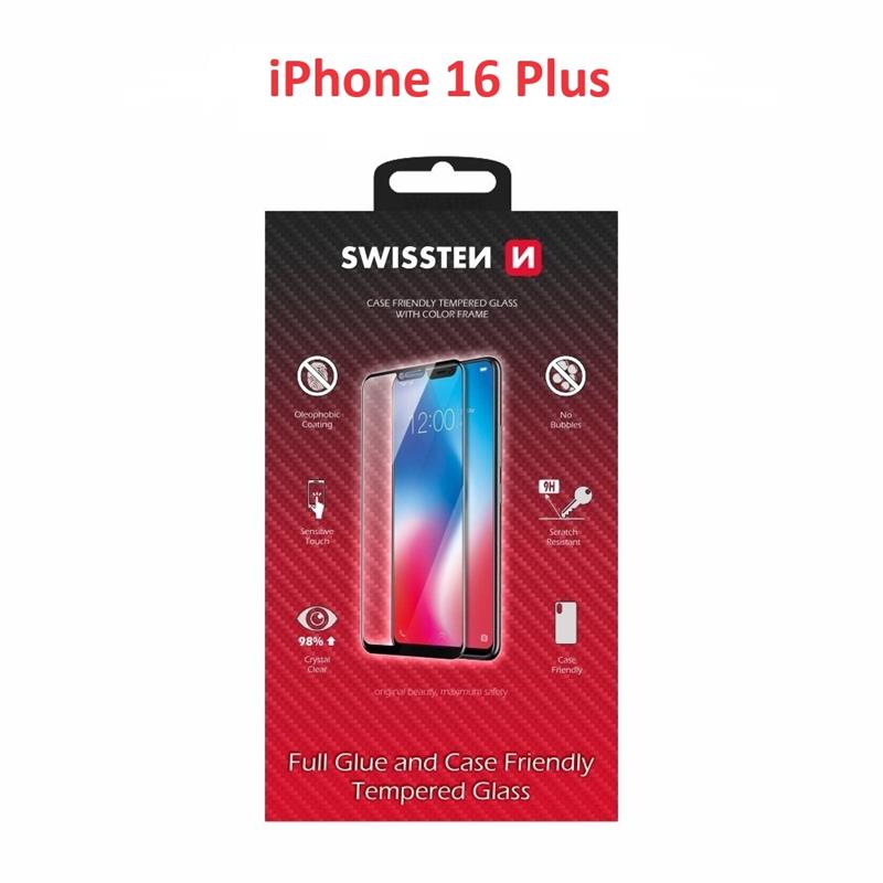 Swissten sklo full glue, color frame, case friendly pro Apple iPhone 16 PLUS černé