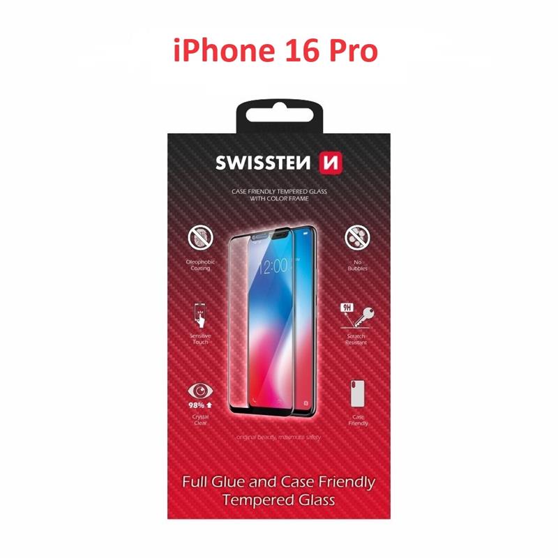 Swissten sklo full glue, color frame, case friendly pro Apple iPhone 16 pro černé