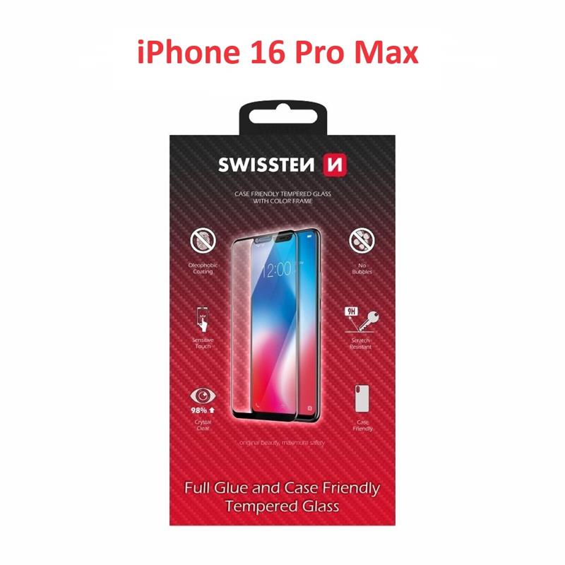 Swissten sklo full glue, color frame, case friendly pro Apple iPhone 16 pro MAX černé